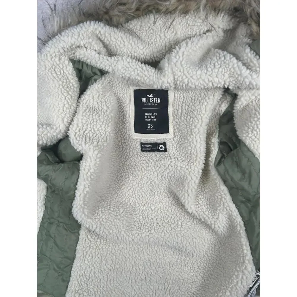 Abercrombie & Fitch Parka Womens XS Green Sherpa Lined Military Coat Y2K Fur - Picture 2 of 9